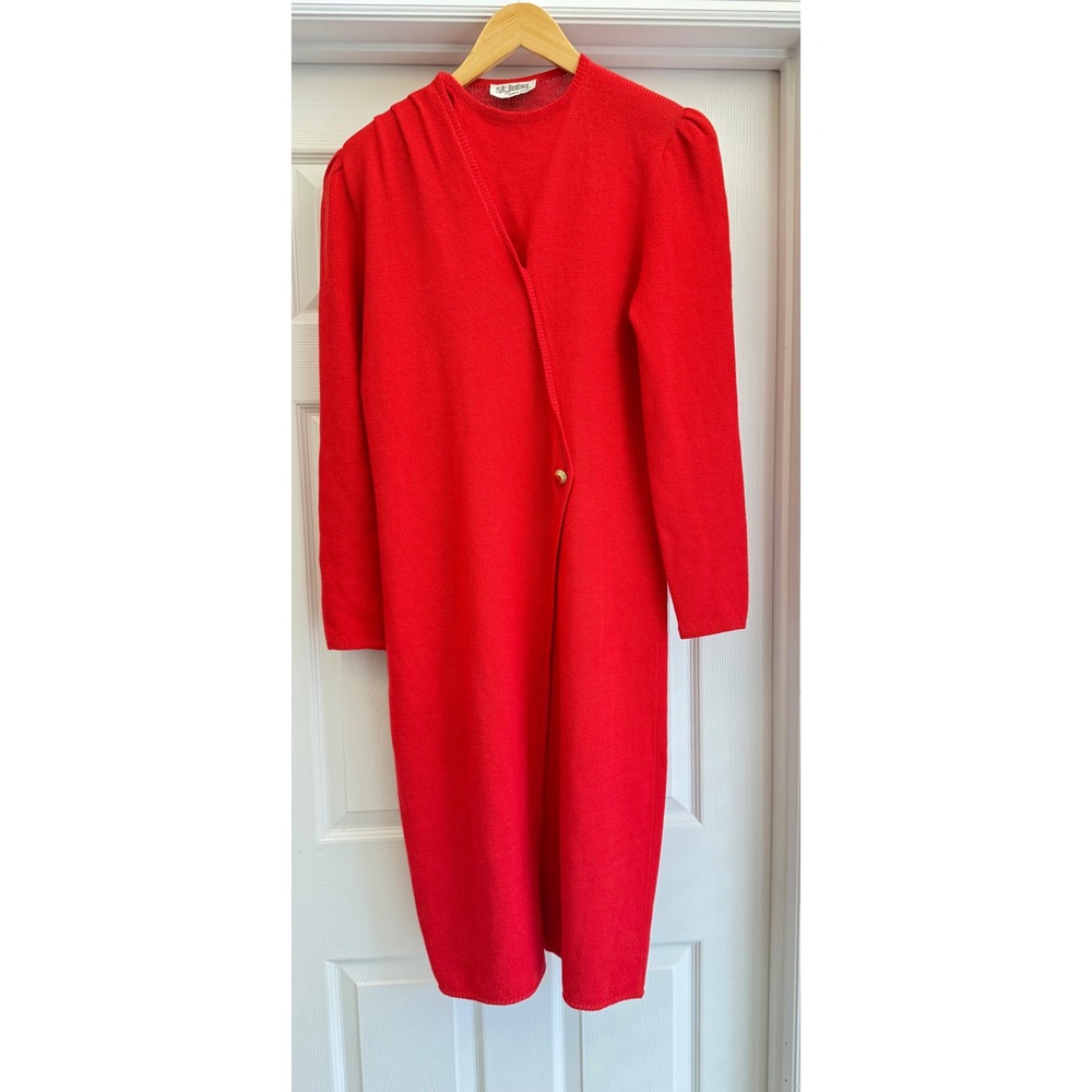 St. John Knit Dress Women Red Vintage Santana Single Button Cardigan Set